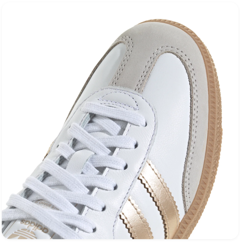 adidas Samba White Sneakers with Gold Stripes and Gum Sole