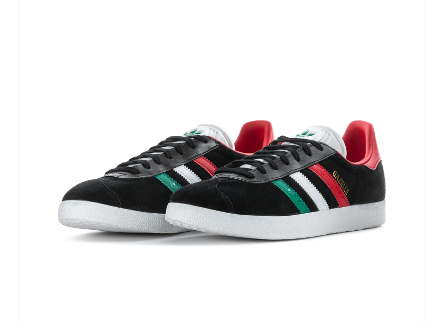 adidas Gazelle Black Sneakers with Red, White, and Green Stripes