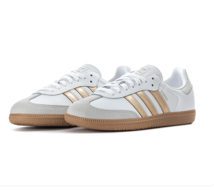adidas Samba White Sneakers with Gold Stripes and Gum Sole