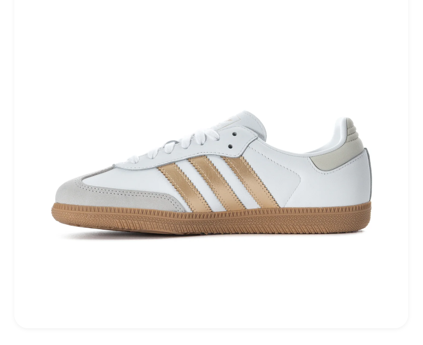 adidas Samba White Sneakers with Gold Stripes and Gum Sole
