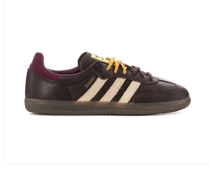 adidas Dark Brown Sneakers with Cream Stripes and Burgundy Heel