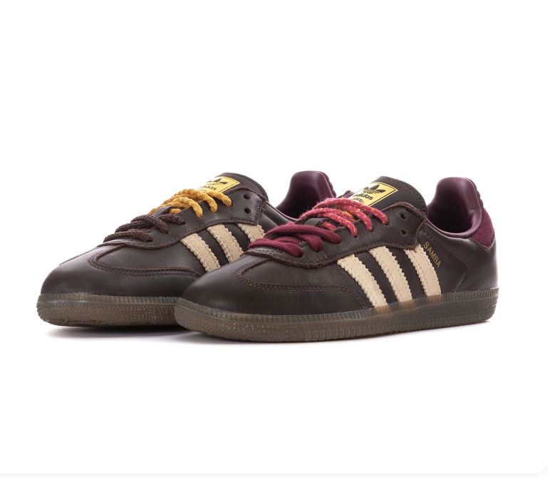 adidas Dark Brown Sneakers with Cream Stripes and Burgundy Heel