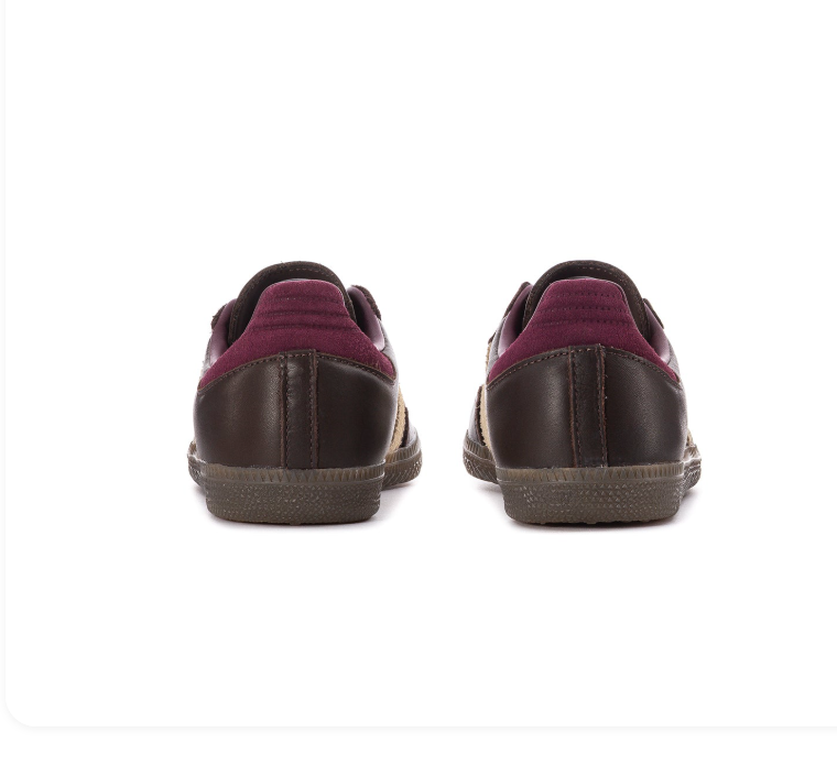 adidas Dark Brown Sneakers with Cream Stripes and Burgundy Heel