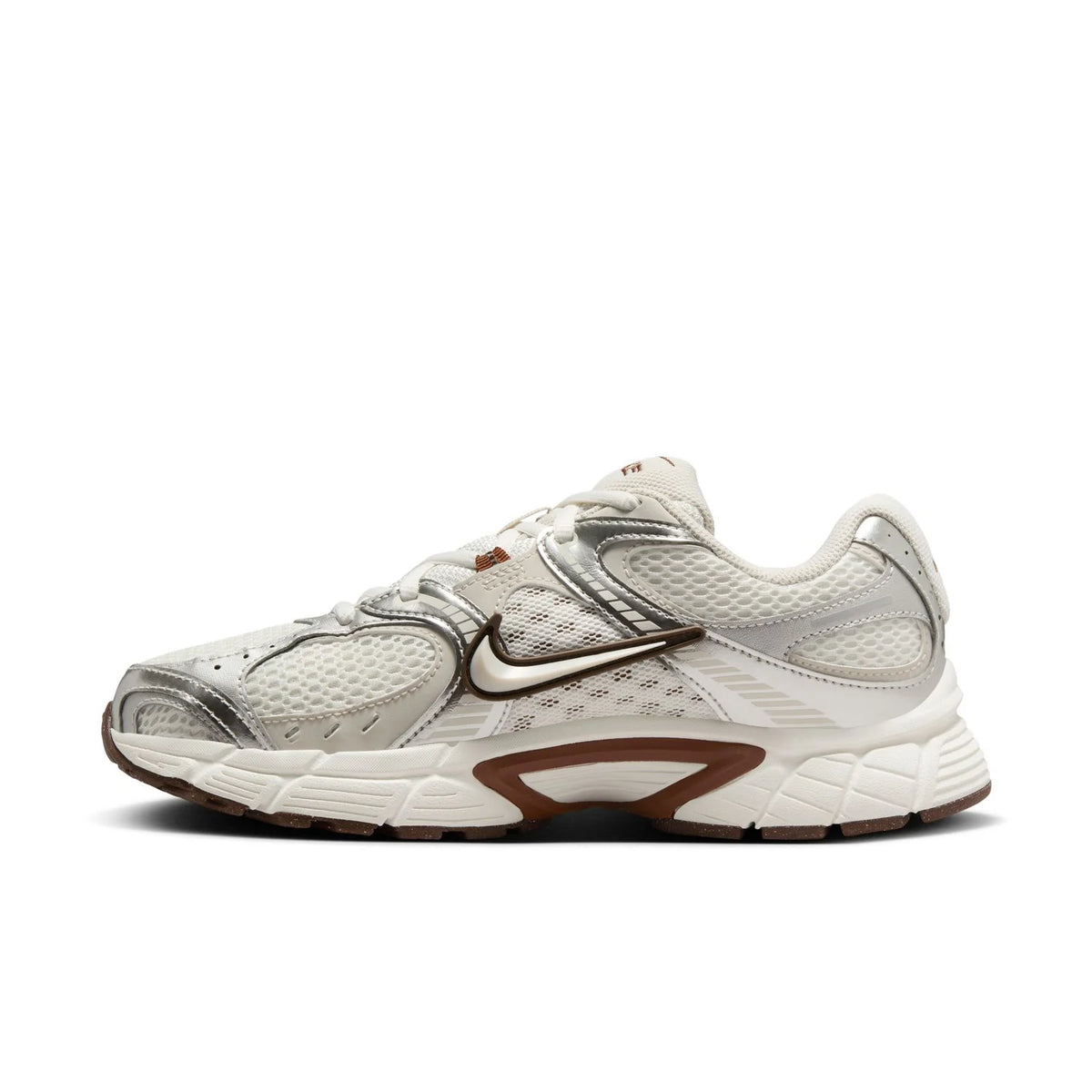 Nike White and Silver Mesh Sneakers with Brown Accents