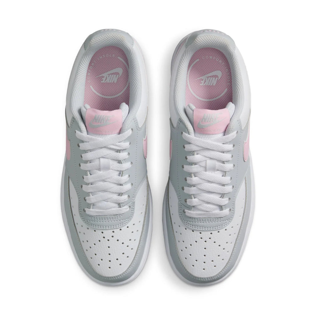Nike Court Vision Low Light Grey and White Sneakers with Pink Swoosh