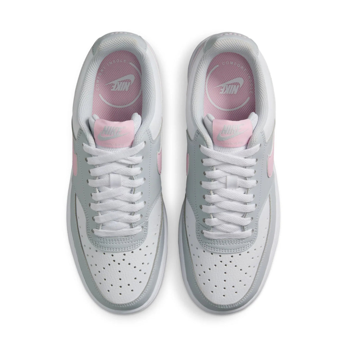 Nike Court Vision Low Light Grey and White Sneakers with Pink Swoosh