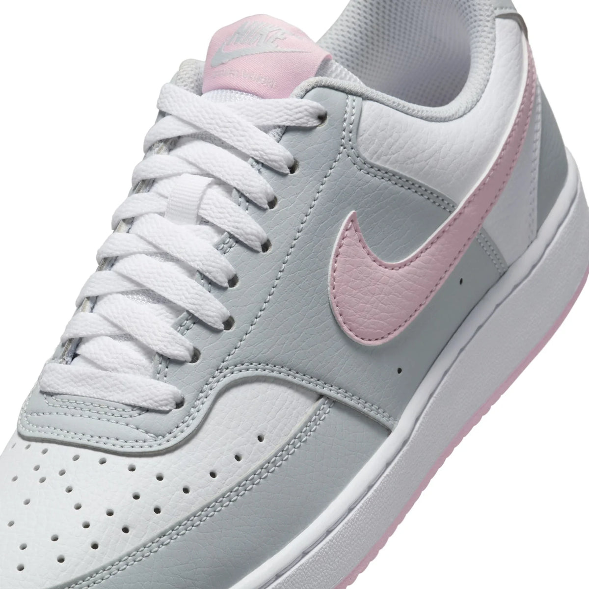 Nike Court Vision Low Light Grey and White Sneakers with Pink Swoosh
