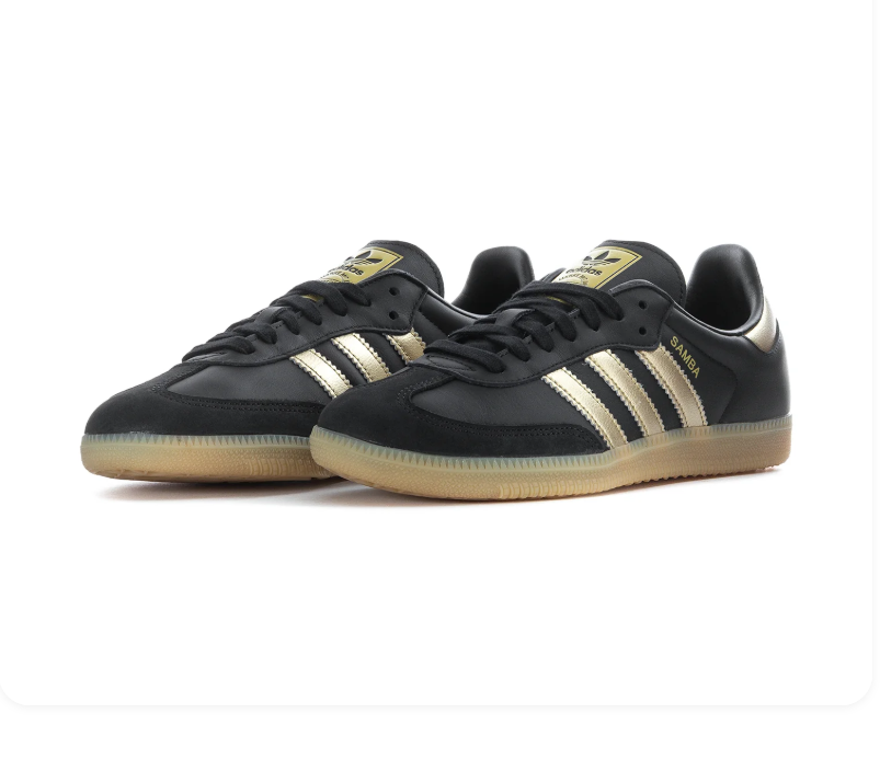 adidas Samba Black Sneakers with Gold Stripes and Gum Sole