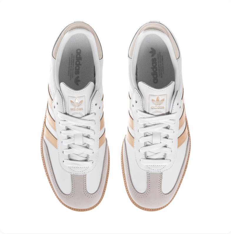 adidas Samba White Sneakers with Gold Stripes and Gum Sole