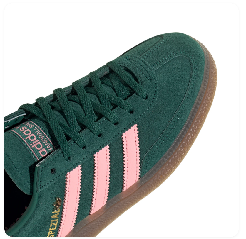 adidas Handball Spezial Green Sneakers with Pink Stripes