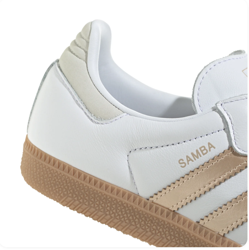 adidas Samba White Sneakers with Gold Stripes and Gum Sole
