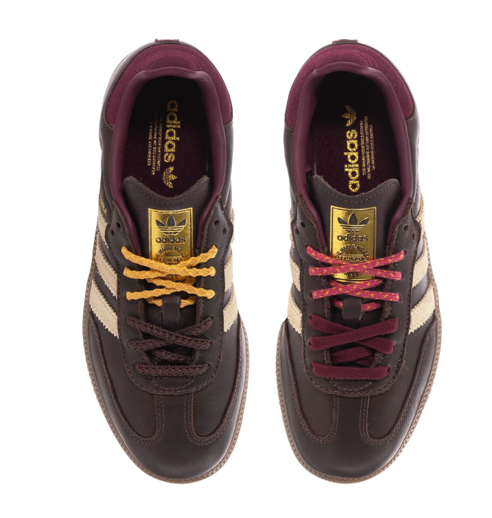 adidas Dark Brown Sneakers with Cream Stripes and Burgundy Heel
