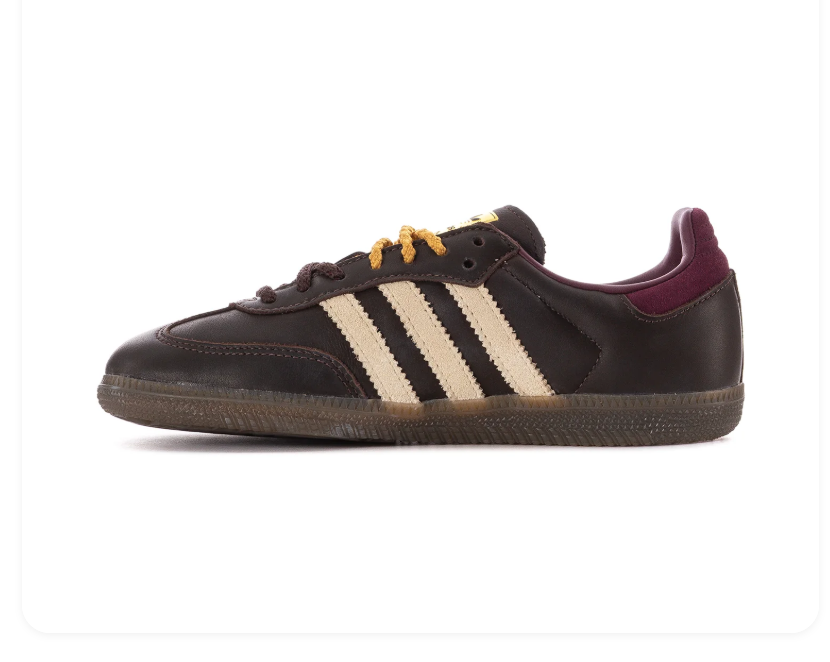 adidas Dark Brown Sneakers with Cream Stripes and Burgundy Heel