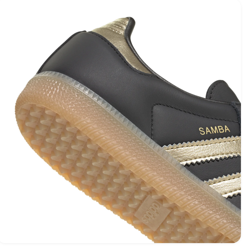 adidas Samba Black Sneakers with Gold Stripes and Gum Sole