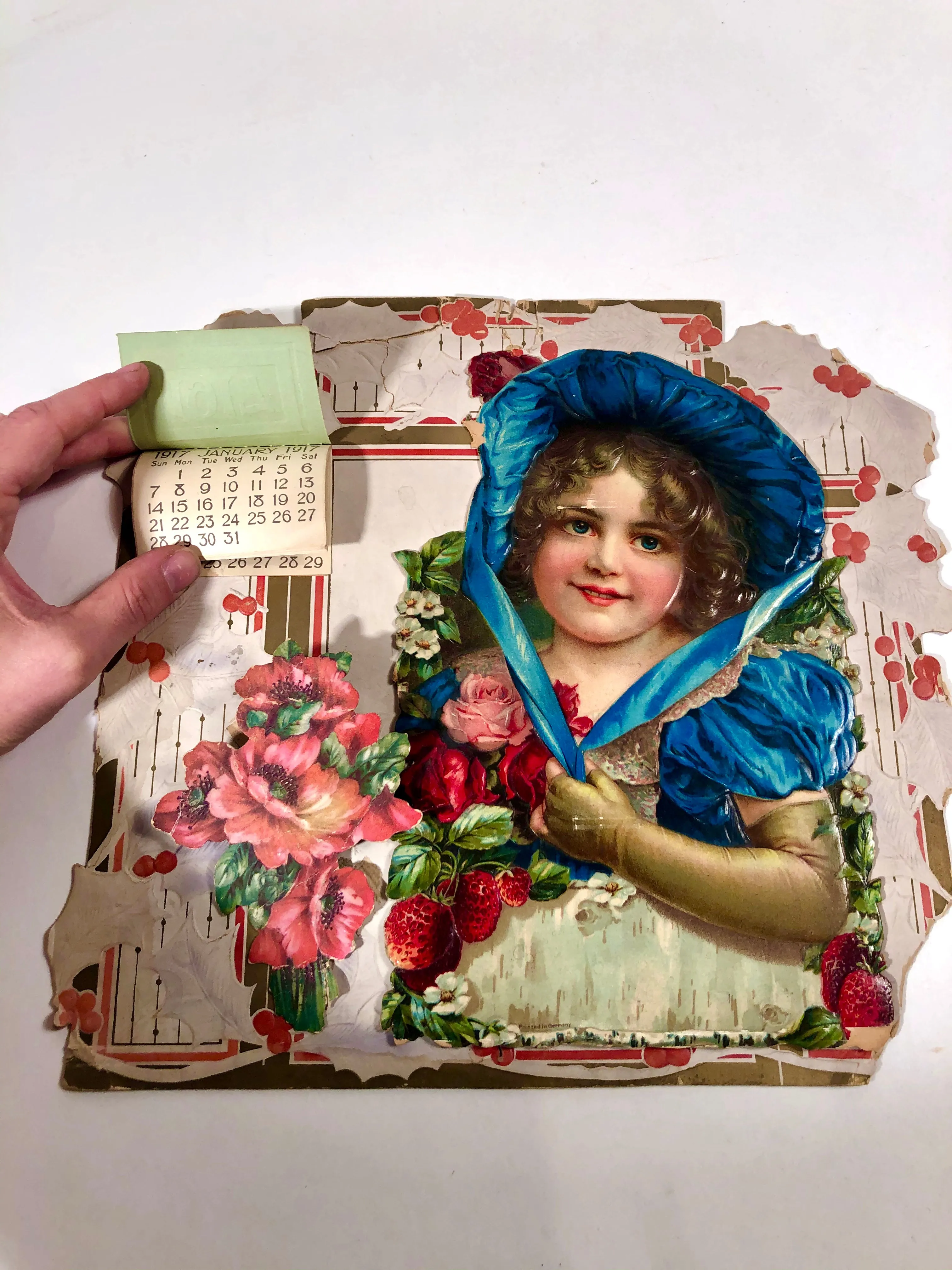 1917 Large Antique Die-cut, Three Dimensional Calendar, Child in Blue Bonnet