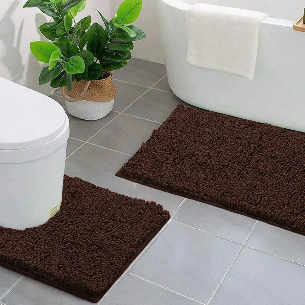 2 PCs Microfiber Anti Slip Commode Mat Set-14646Coffee Brown