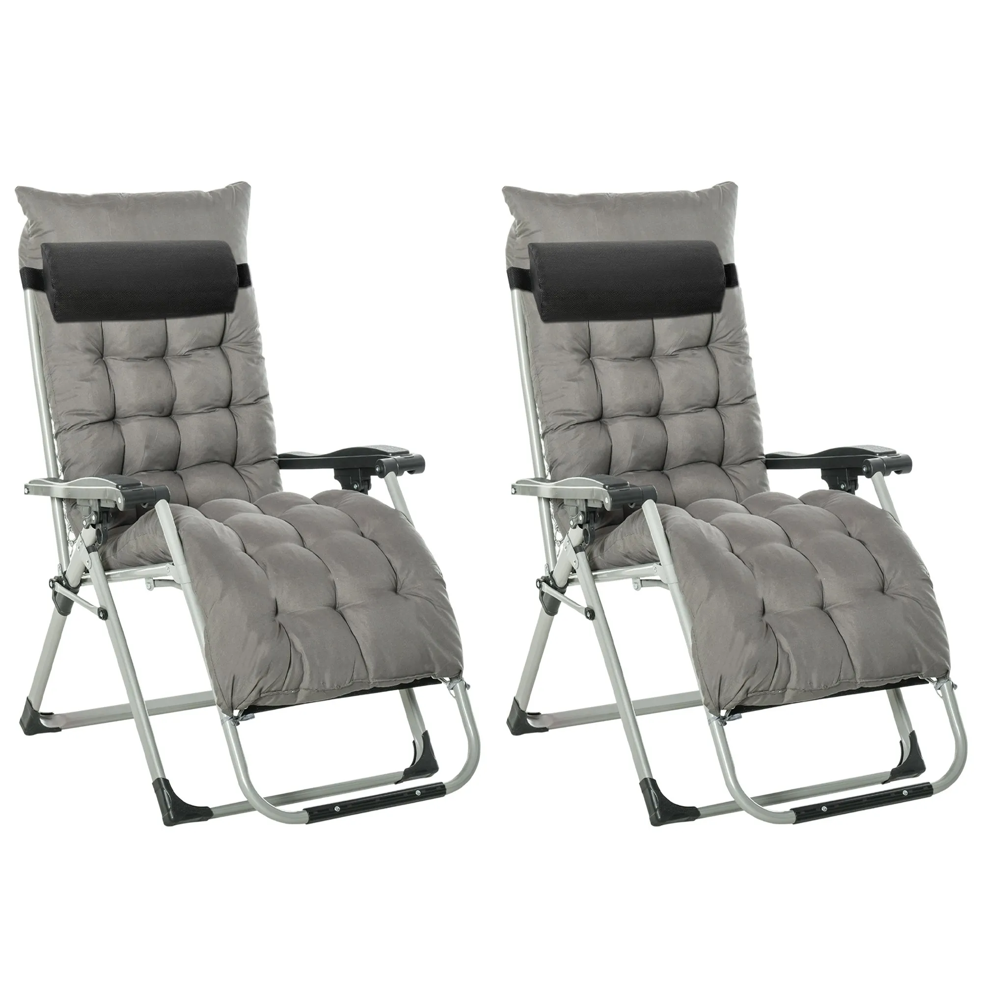 2 Piece Reclining Zero Gravity Chair Folding Garden Sun Lounger with Cushion Headrest Grey