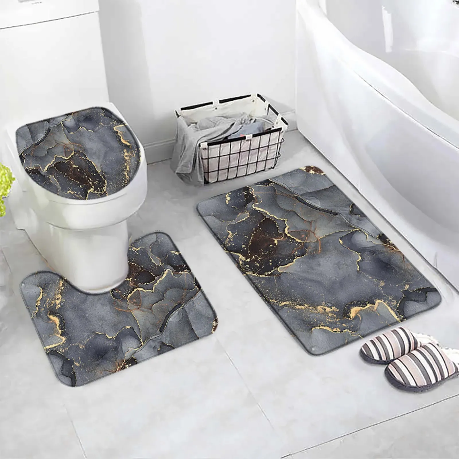 3 PCs Anti Skid Commode Mat Set(5415)-Grey Marble