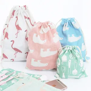 3 Size Cute Printing Flamingo Cartoons Protable Cotton Drawstrping Bag For Travel Pouch Storage Clothes Handbag Storage Bag