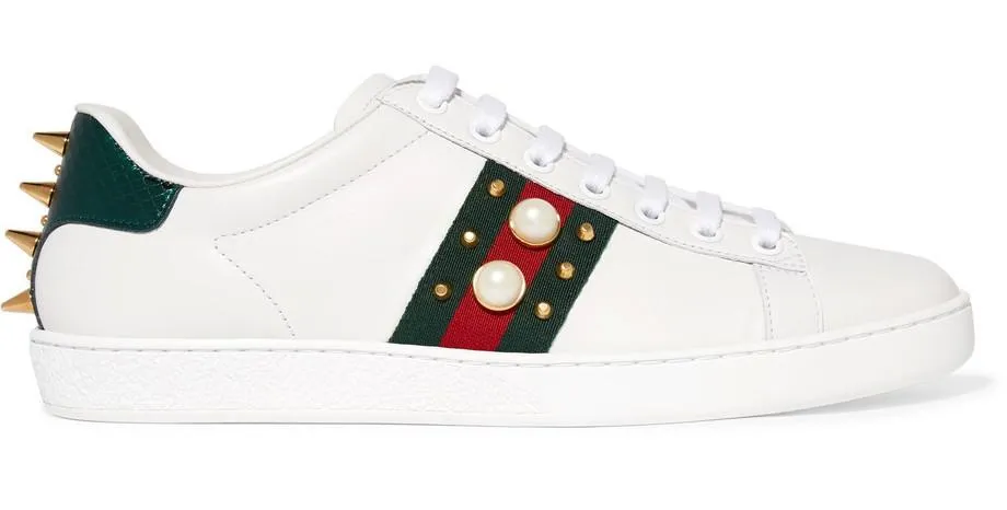 Ace Pearl & Stud Embellished Leather Sneakers