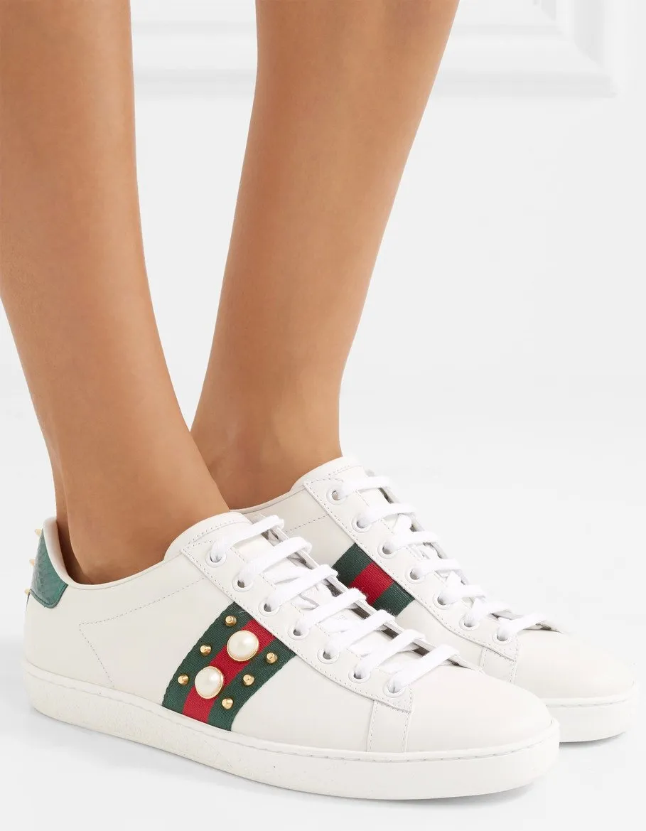 Ace Pearl & Stud Embellished Leather Sneakers