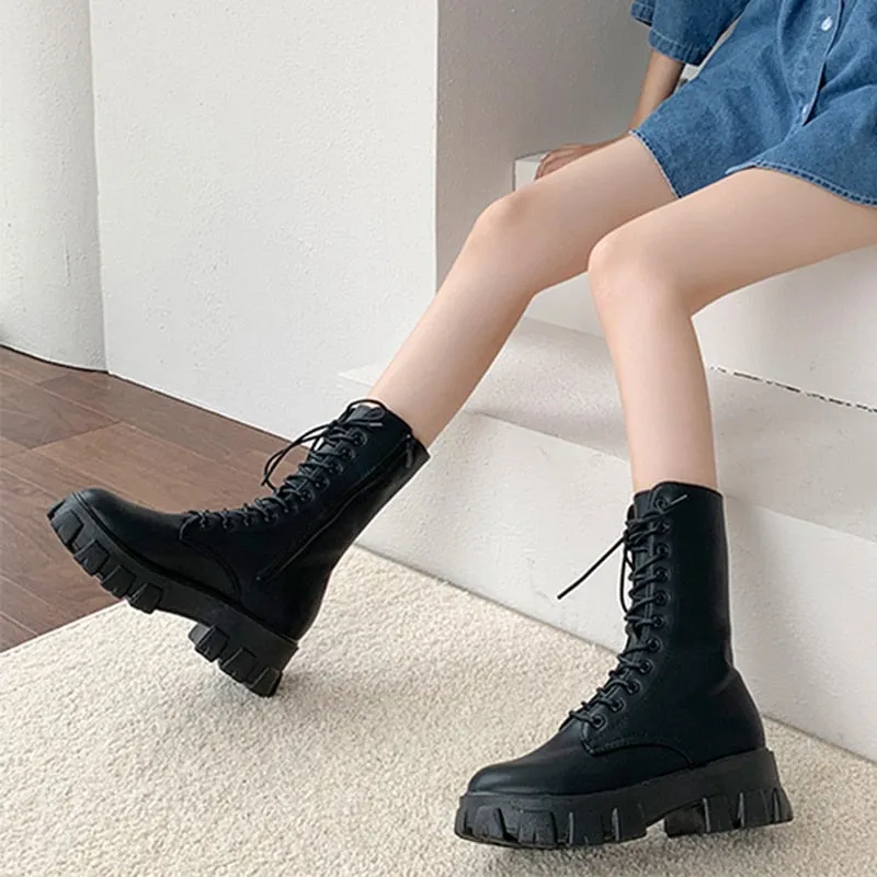 Amozae--Christmas Gift   Platform Thick Soled Mid Boots Shoes Lace Up Short Boots For Winter Autumn Retro   Boots Comfy Shoes Pu Leather Shoes