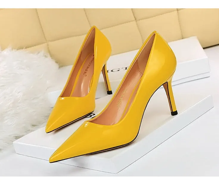 Amozae- Spring Fall Elegant Women 6cm Thin High Heels Pumps Tacones Yellow Nude Kitten Low Heels Soft Leather Korean Party Shoes