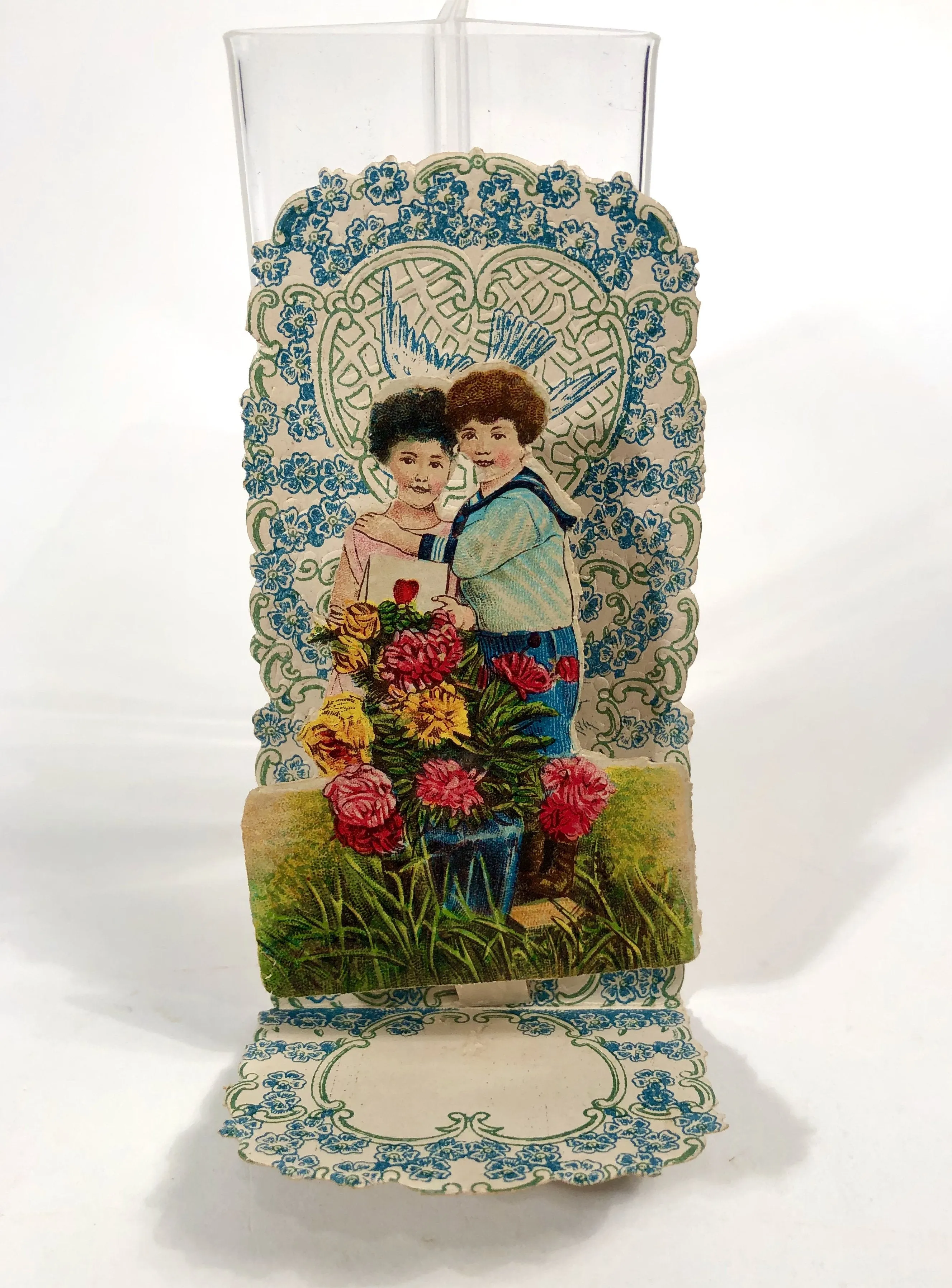 Antique Fold-Out Three Dimensional 1920's VALENTINE || Young Couple and Vase of Flowers