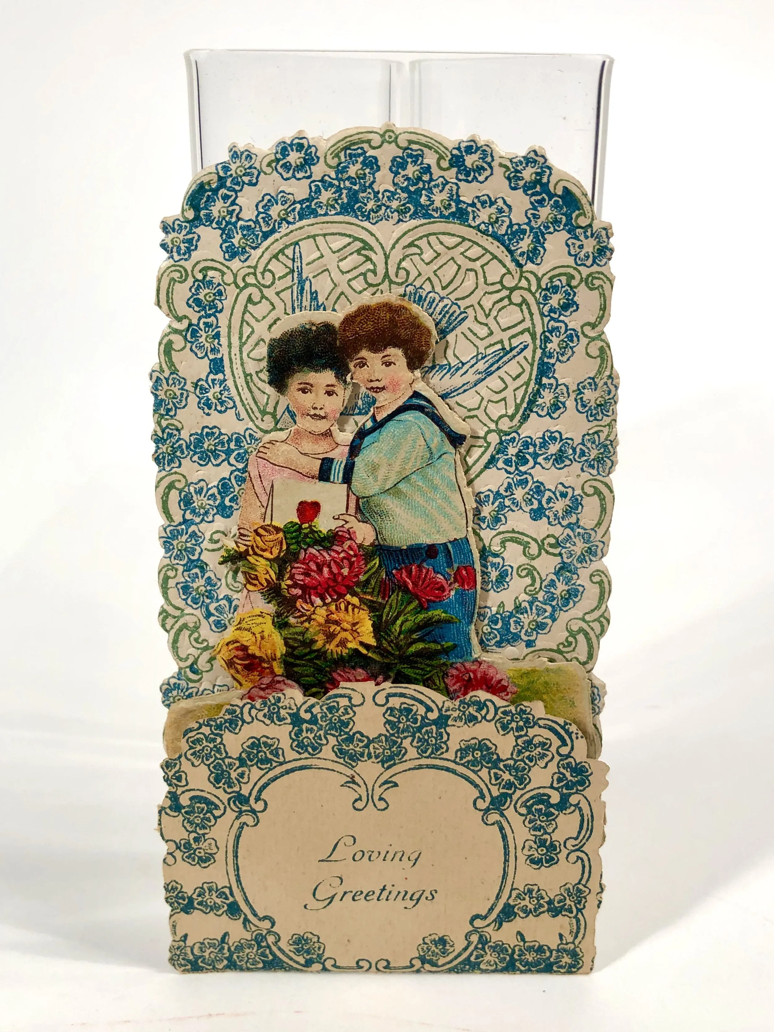 Antique Fold-Out Three Dimensional 1920's VALENTINE || Young Couple and Vase of Flowers