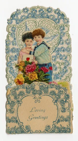 Antique Fold-Out Three Dimensional 1920's VALENTINE || Young Couple and Vase of Flowers