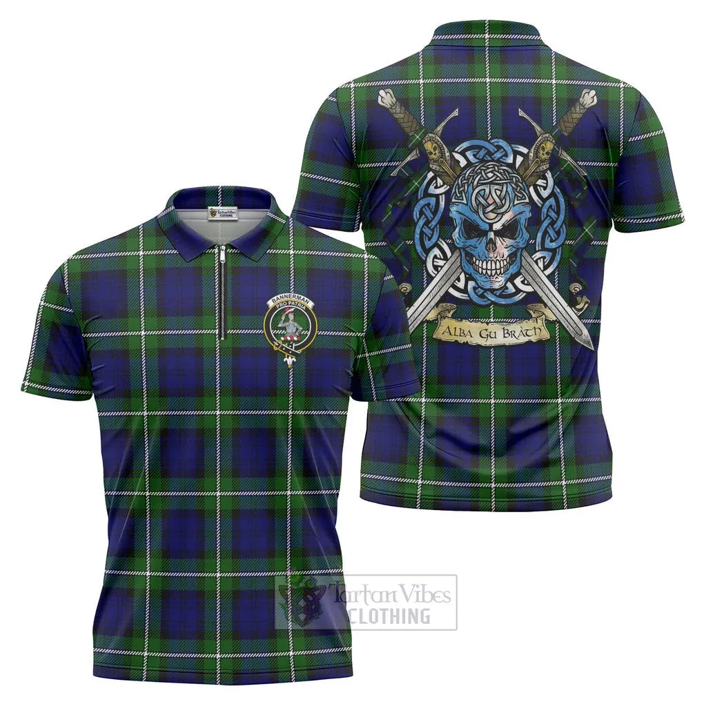 Bannerman Tartan Zipper Polo Shirt with Family Crest Celtic Skull Style