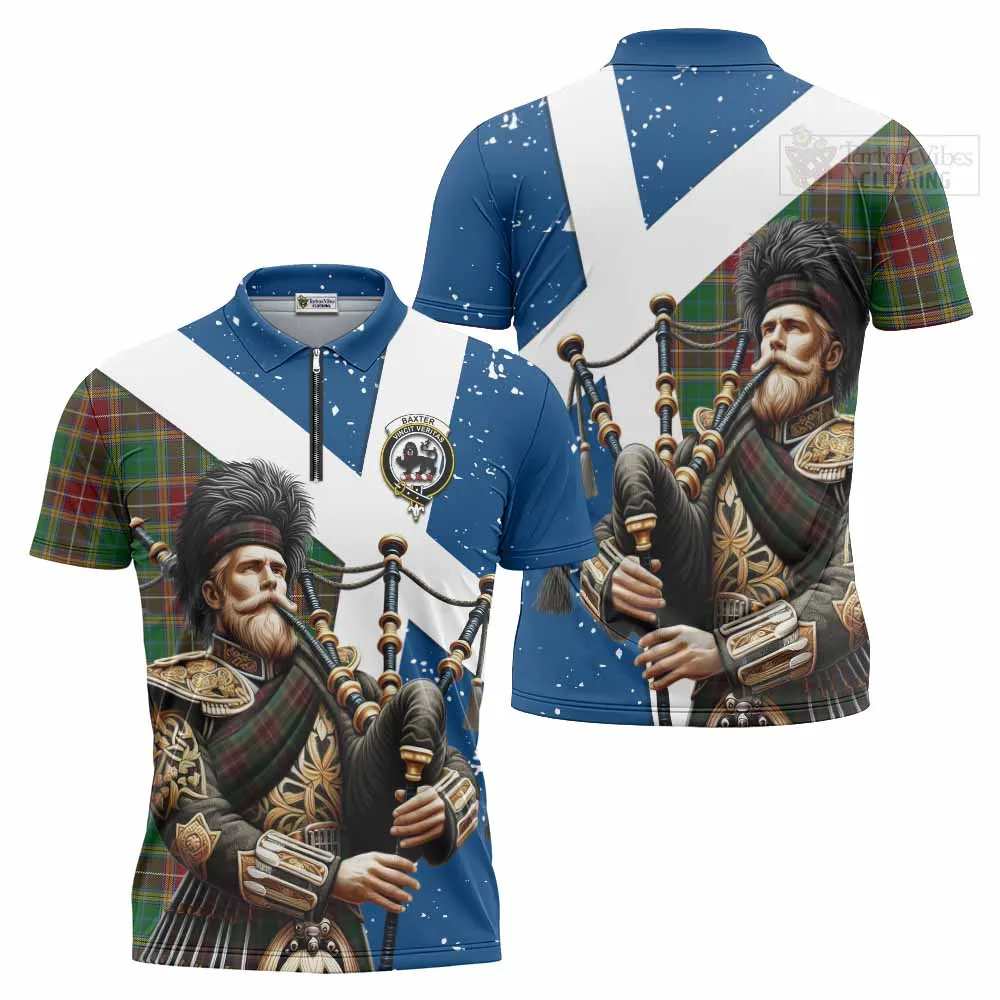 Baxter Tartan Zipper Polo Shirt with Family Crest Scottish Bagpiper Vibes