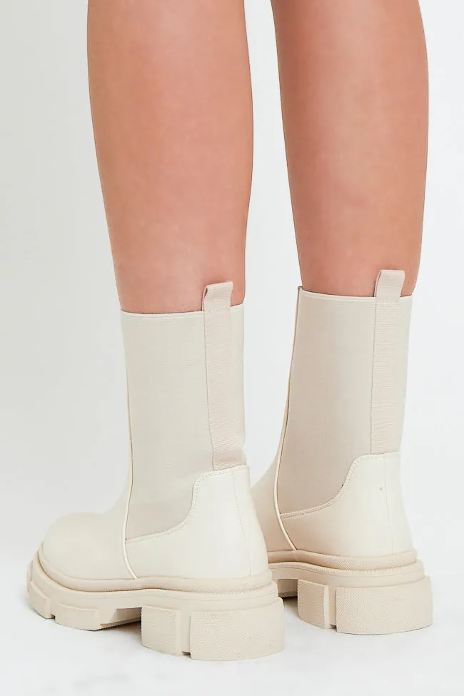 Beige Faux Leather Ankle High Biker Boots - Alija