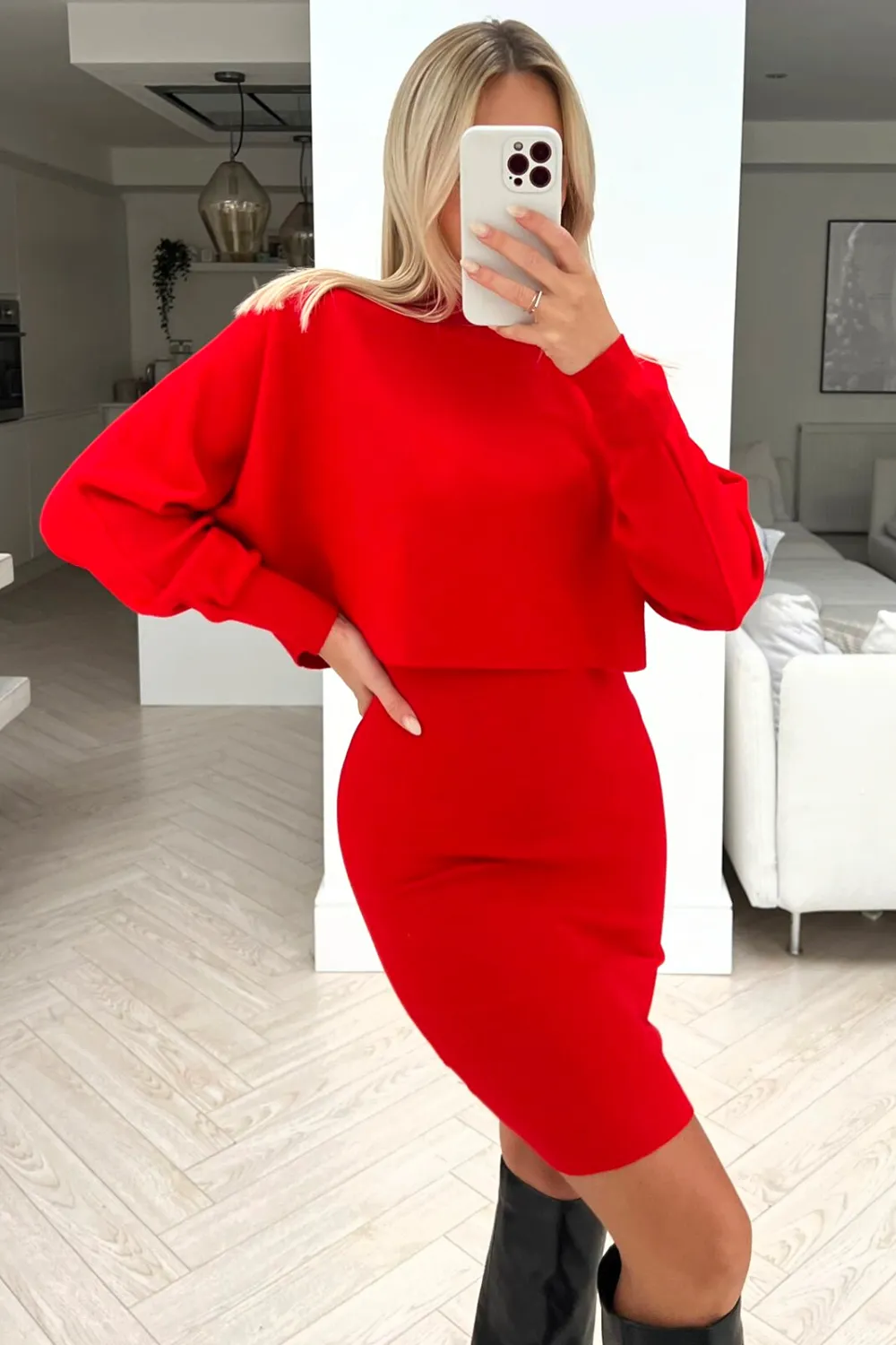 bella red cropped jumper dress coord