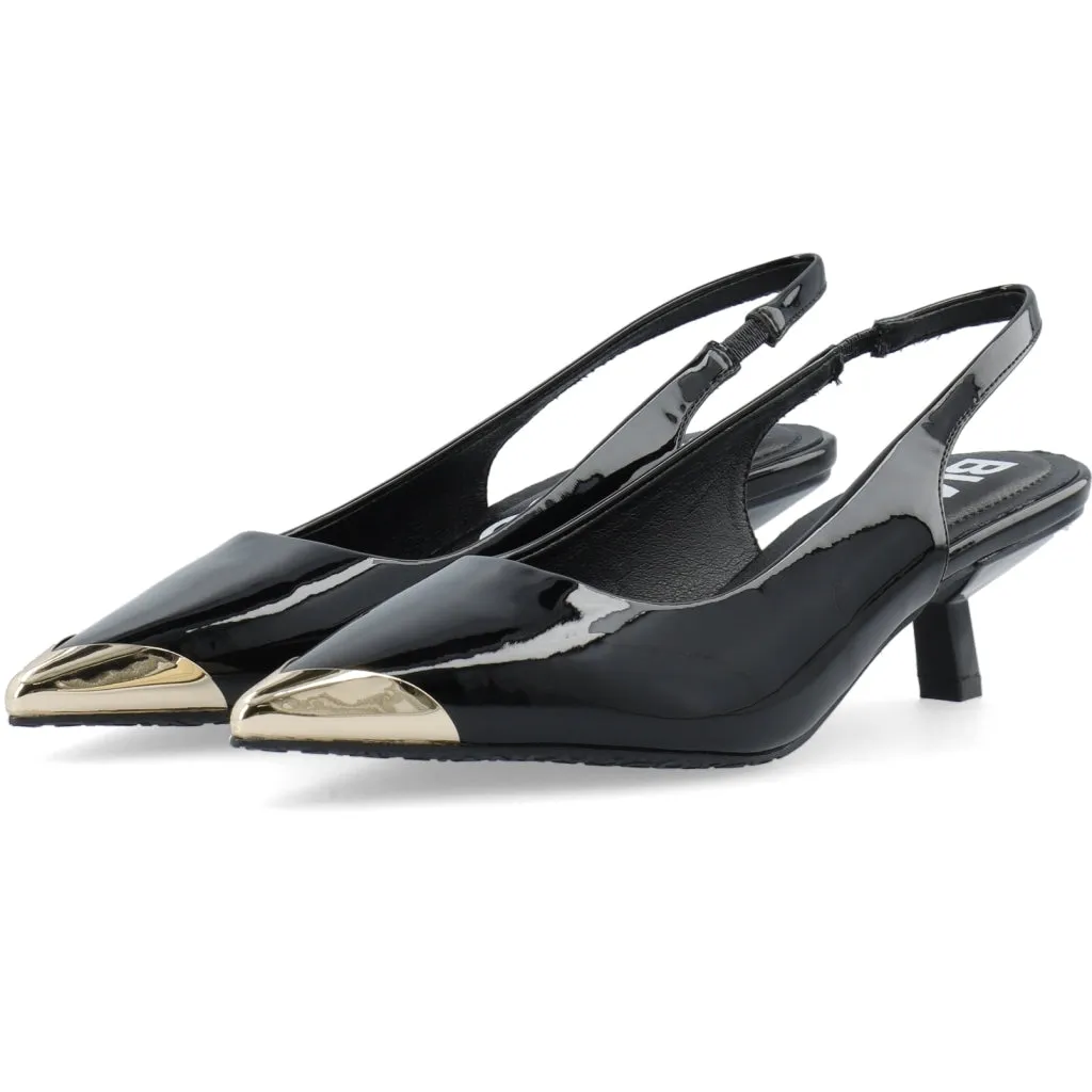 Biakristin Kitten Heel Slingback Metal Toecap Patent - Black Gold