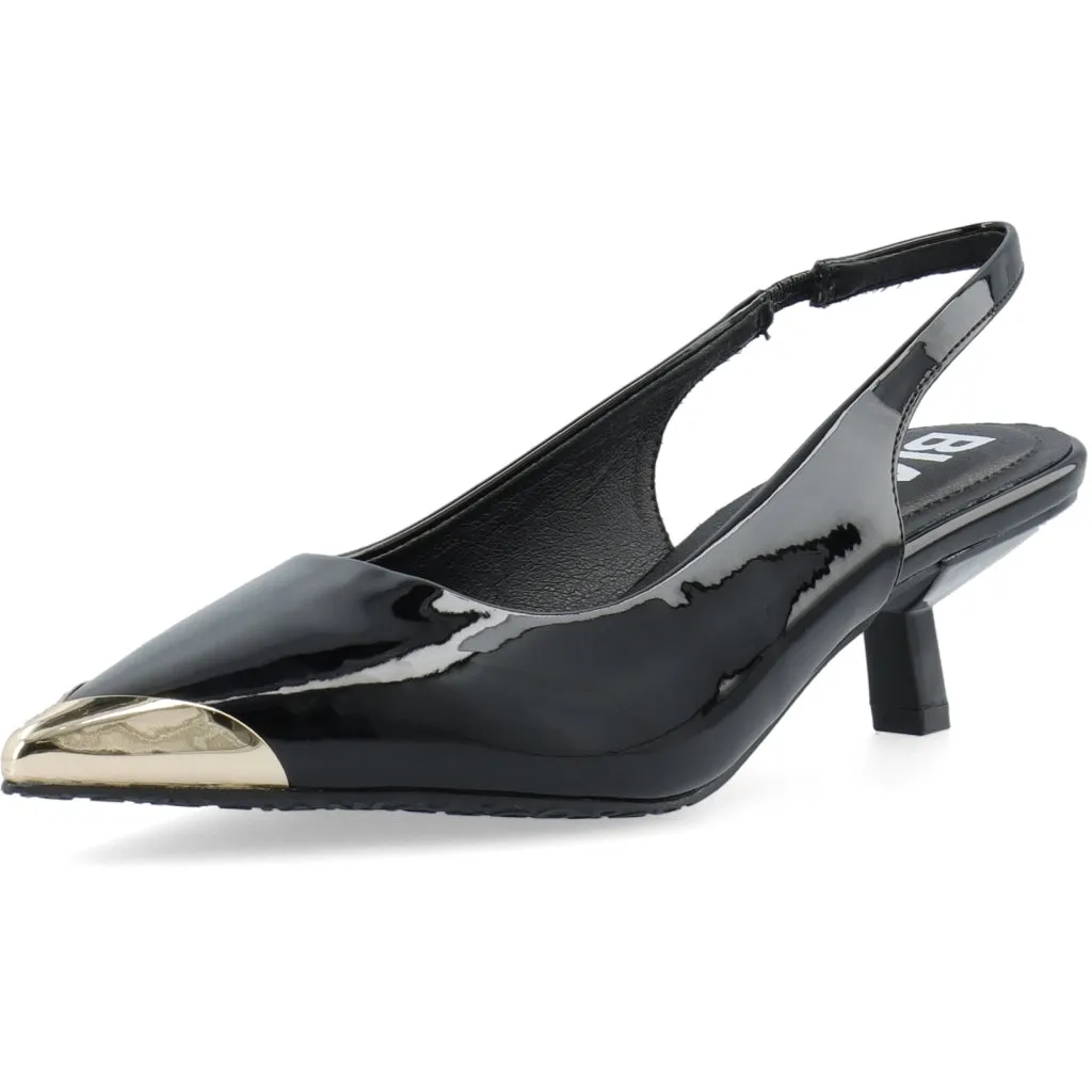 Biakristin Kitten Heel Slingback Metal Toecap Patent - Black Gold