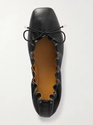 Black bow-embellished leather ballet flats