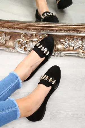 Black Faux Suede Jewel Front Flats - Hadley