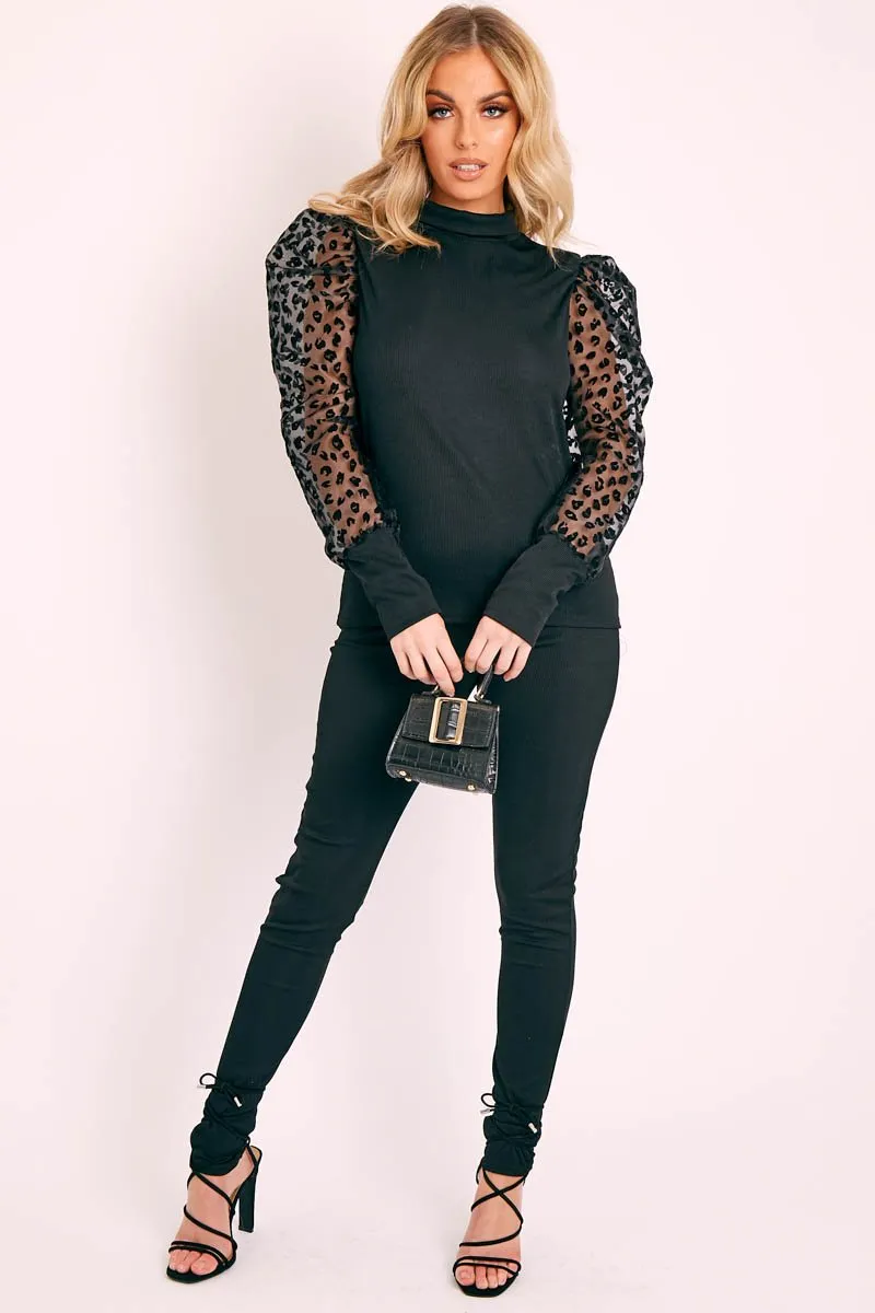 Black Leopard Puff Sleeve Top and Leggings Co-ord - Ursula