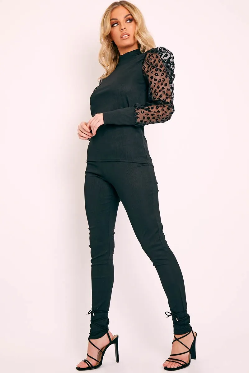 Black Leopard Puff Sleeve Top and Leggings Co-ord - Ursula