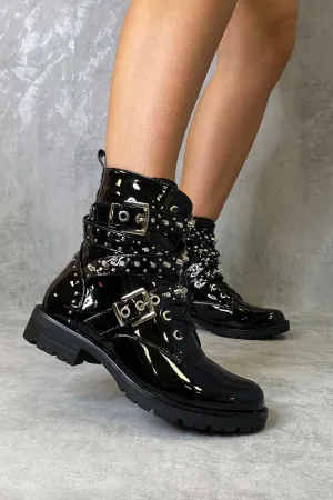 Black Patent Buckle Stud Strap Biker Boots - Saina