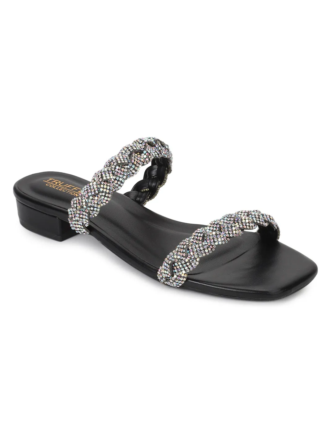 Black PU Diamante Kitten Heel Mules (TC-ST-1338-BLK)