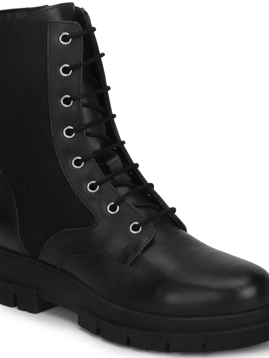 Black PU Lace Up Side Patterned Ankle Boots (TC-ST-1190-BLKPU)