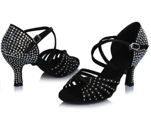 Black Rhinestone Ballroom Dancing Shoes Latin Salsa Performance Dance Shoes