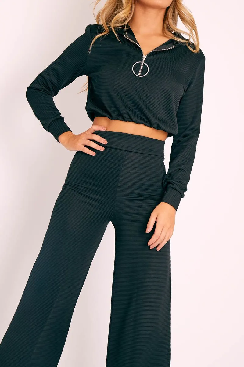 Black Ribbed Ring Pull Zip Loungewear Co-ord - Candace