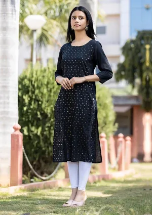 Black Solid Sequins Embellished Cotton Casual Kurta