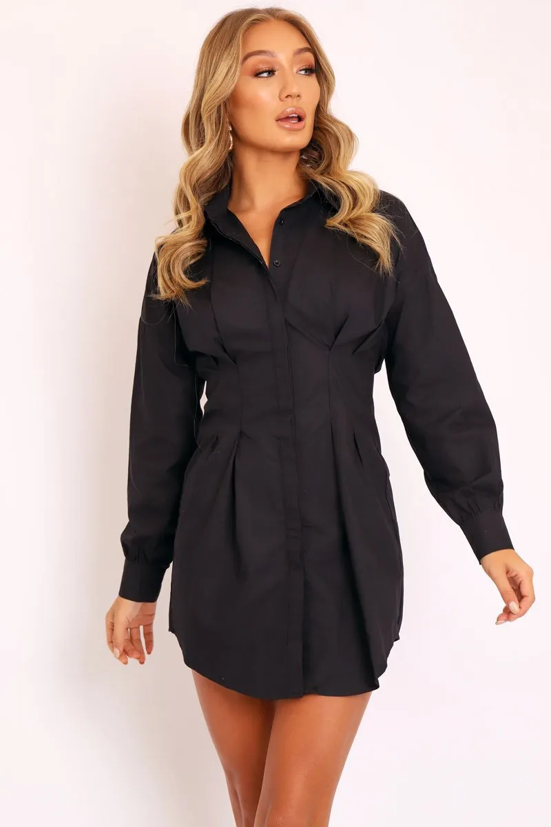 Black Tailored Waist Long Sleeve Shirt Dress - Laritza