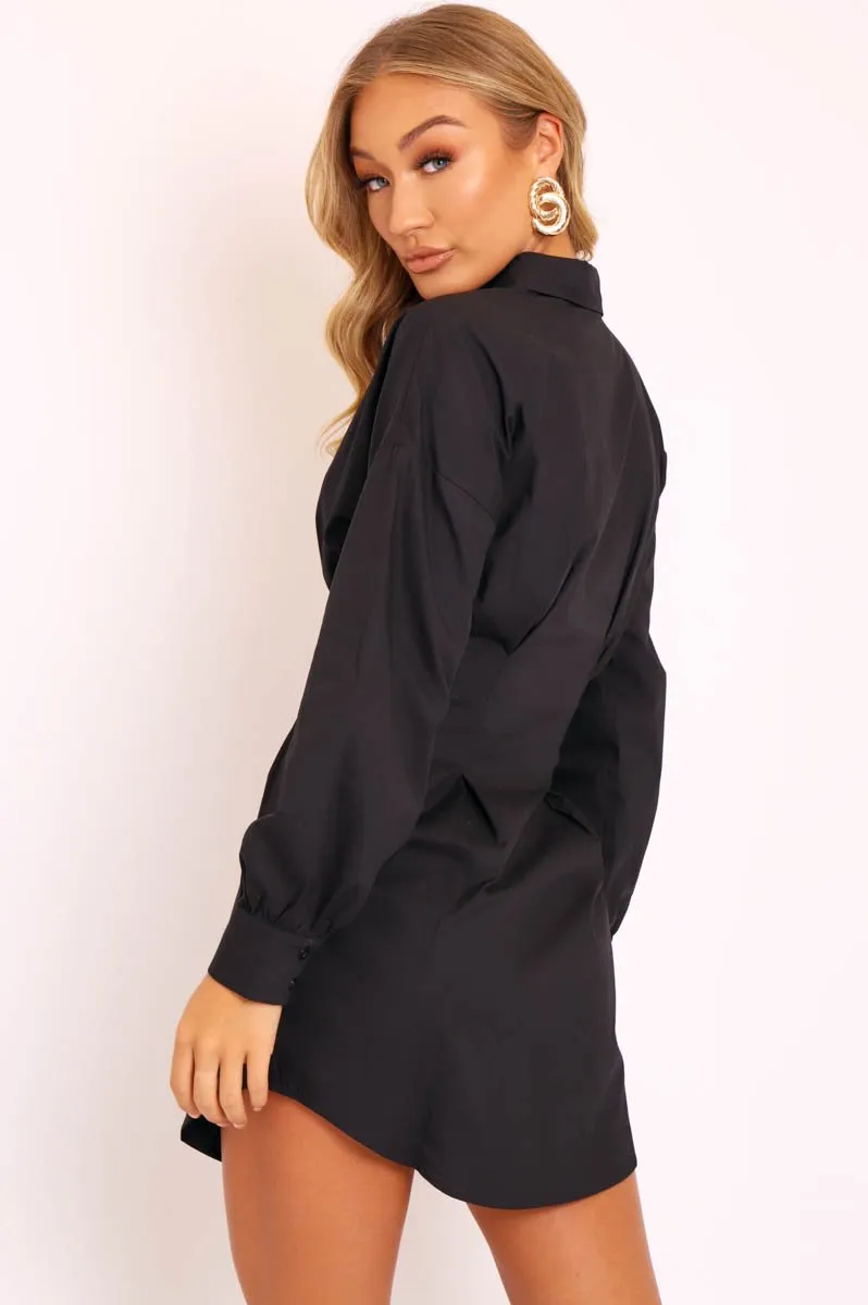 Black Tailored Waist Long Sleeve Shirt Dress - Laritza