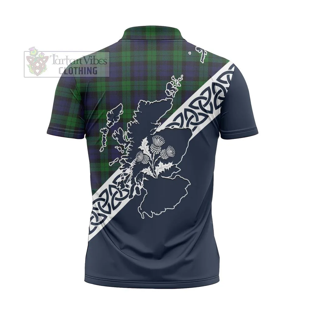 Black Watch Tartan Zipper Polo Shirt Featuring Thistle and Scotland Map