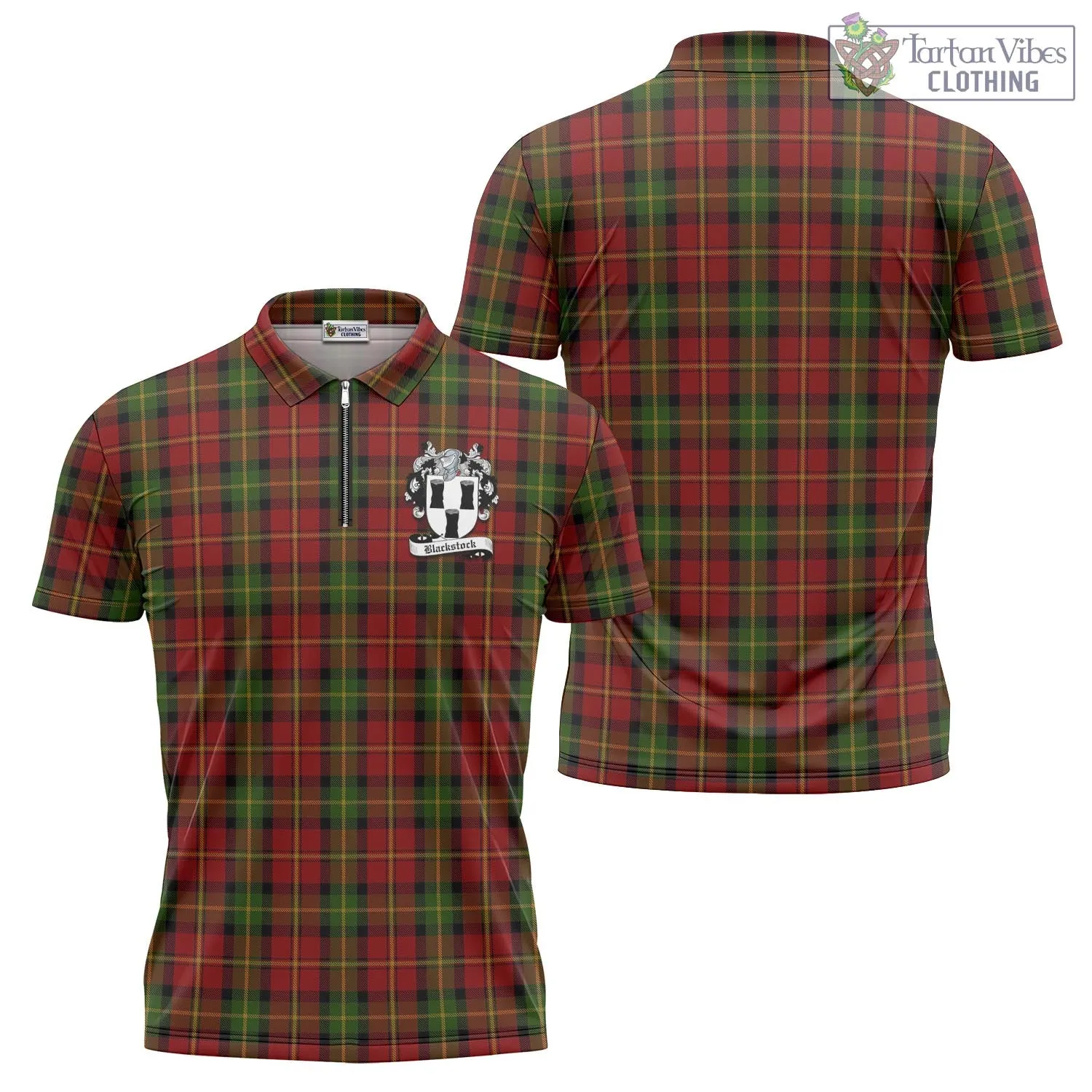 Blackstock Red Dress Tartan Zipper Polo Shirt with Family Crest